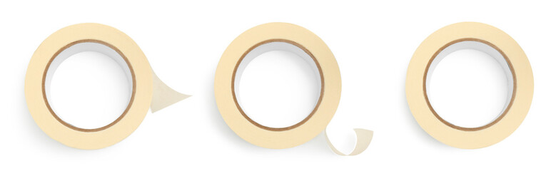 Adhesive tape, set. Rolls isolated on white, top view