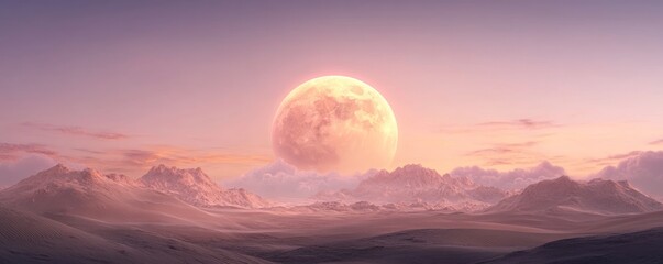 A serene landscape with a large moon over distant mountains.