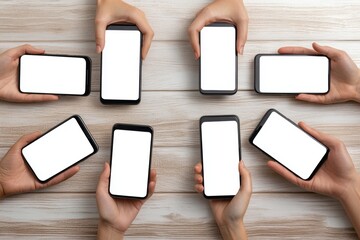 An overhead view of multiple hands holding various black smartphones