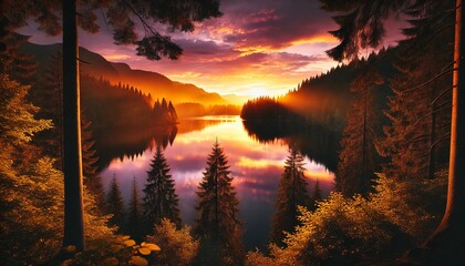 Golden Sunset Over a Tranquil Mountain Lake