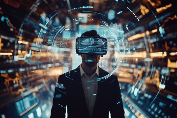 Augmented Virtual Reality Concept: Businessman in 3D World Surrounded by e-Business, e-Commerce, Stock Market, Infographics, Finance, Analysis, Charts, Graphs Icons. 360 Degree Tracking Arc Shot