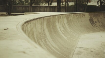 Empty concrete skatepark bowl, outdoors.