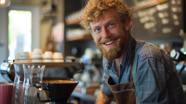 Bearded hipster barista smiling at camera while making coffee in cafe