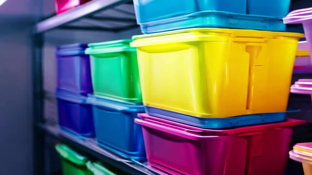 A vibrant arrangement of stacked plastic food storage containers in various colors, organized on a shelf in a kitchen or pantry. The image conveys organization, meal prep, and storage solutions
