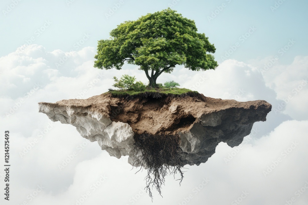 Poster offset and preservation concept, a tree growing on a floating island above the clouds.