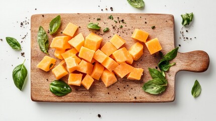 Delicious Cubed Cheese with Fresh Basil on Wooden Board