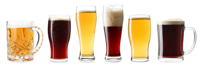 Different types of beer in glasses isolated on white, set