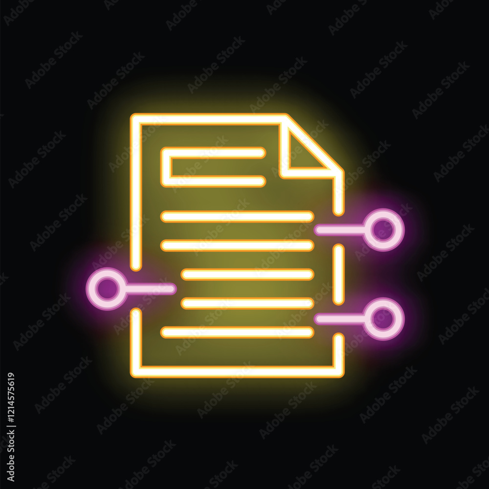 Poster neon sign representing a digital document with connecting points, symbolizing data transfer in a vis