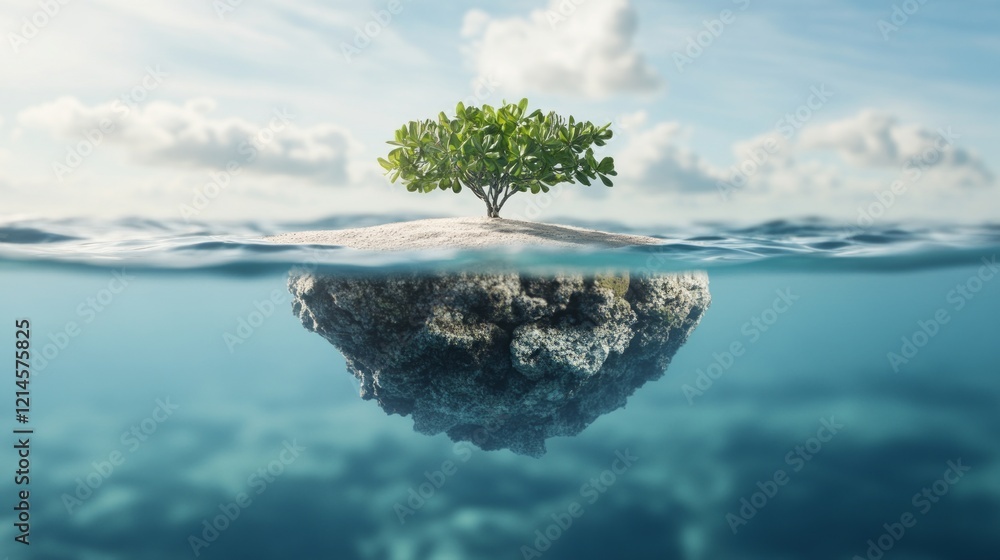 Poster offset and preservation concept, lone tree on a floating island surrounded by clear water and clouds