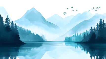 Serene Blue Mountain Lake Landscape  Watercolor Painting