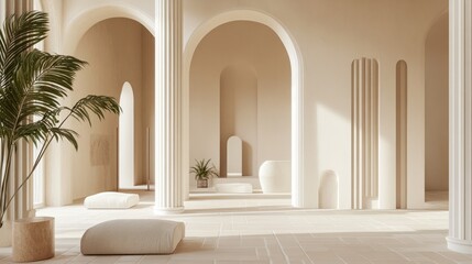A pastel-hued luxury interior with grand white columns, soft beige stucco walls, and tiles arranged in an elegant geometric pattern.