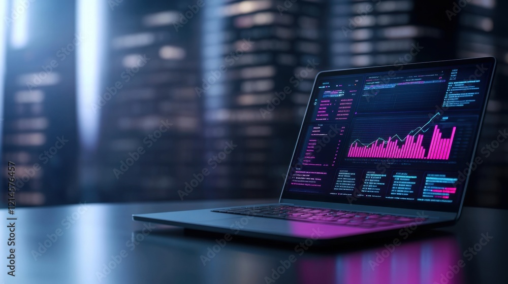 Poster modern laptop displaying colorful data visualizations in high-tech office environment at night