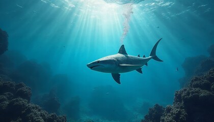 Fototapeta premium Majestic Tiger Shark Underwater Scene Ocean Wildlife Photography