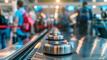 Close-up of a security checkpoint at an airport, featuring a metal detector and conveyor belt, illustrating travel safety and airport security procedures.