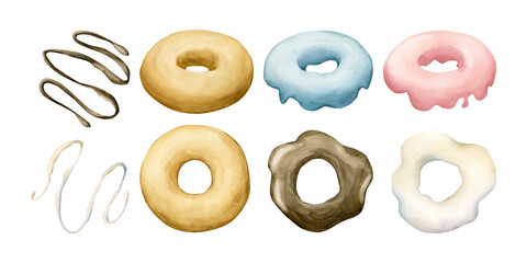 Donut with frosting clipart set. White, blue, pink and chocolate glaze doughnut design elements. Watercolor illustration