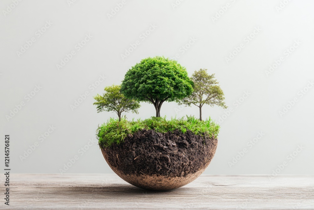 Poster offset and preservation concept, floating island with trees and greenery on a wooden surface.