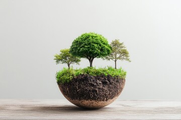 Offset and Preservation concept, Floating island with trees and greenery on a wooden surface.