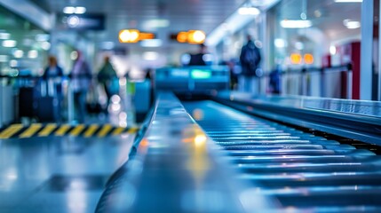 Close-up of a security checkpoint at an airport, featuring a metal detector and conveyor belt, illustrating travel safety and airport security procedures.