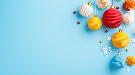 Colorful Christmas Ornaments on Blue Background for Holiday Decor