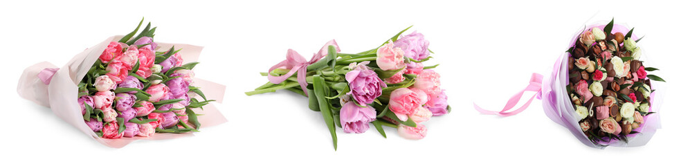 Different beautiful bouquets isolated on white, set