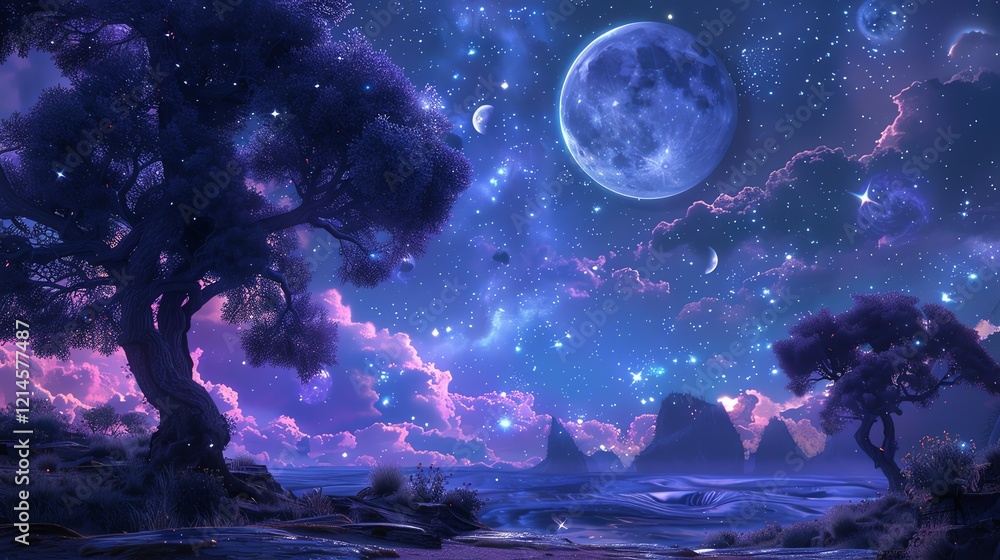 Aufkleber the image is a beautiful landscape with a large tree in the foreground and a full moon in the backgr