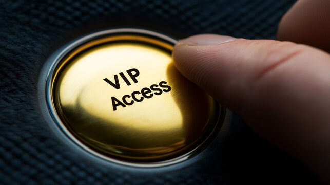 Golden VIP Access button with finger touch interaction. Represents exclusive membership services and premium customer experience concepts