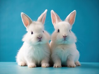 Obraz premium Adorable Twin White Bunny Rabbits on Blue Background - Stock Photo