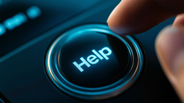 Blue glowing Help button in technological environment. Essential for customer support interfaces and technical assistance documentation
