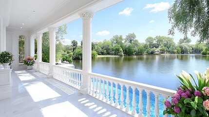 Fototapeta premium Luxury Waterfront Porch with White Columns and Pool View