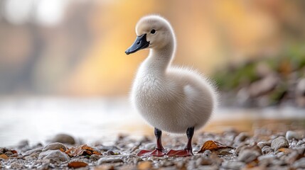 Fluffy cygnet lakeside autumnal backdrop