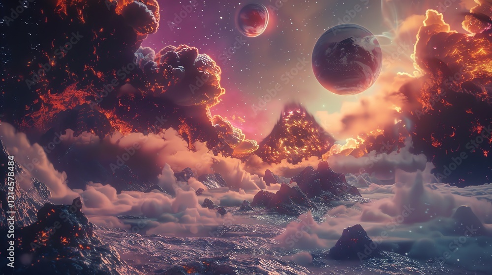 Poster a beautiful landscape of another planet with a view of three moons. the planet is covered with mount