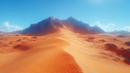 Naklejka premium Majestic Desert Landscape Rolling Sand Dunes and Rugged Mountains under a Vivid Sky