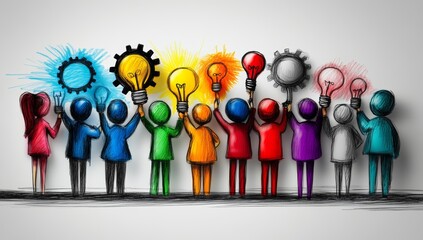 Stick Figures Holding Gears and Lightbulbs in Office Collaboration