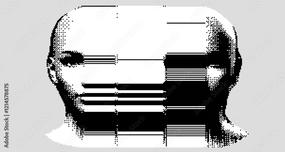 Poster Glitched and decomposed image of a human face made of pixel particles and resembling a bar code. Conceptual image of an AI personage in a virtual reality.