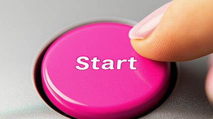 Pink Start button on minimalist gray background with copy space. Ideal for user interface design, app development and software launch presentations