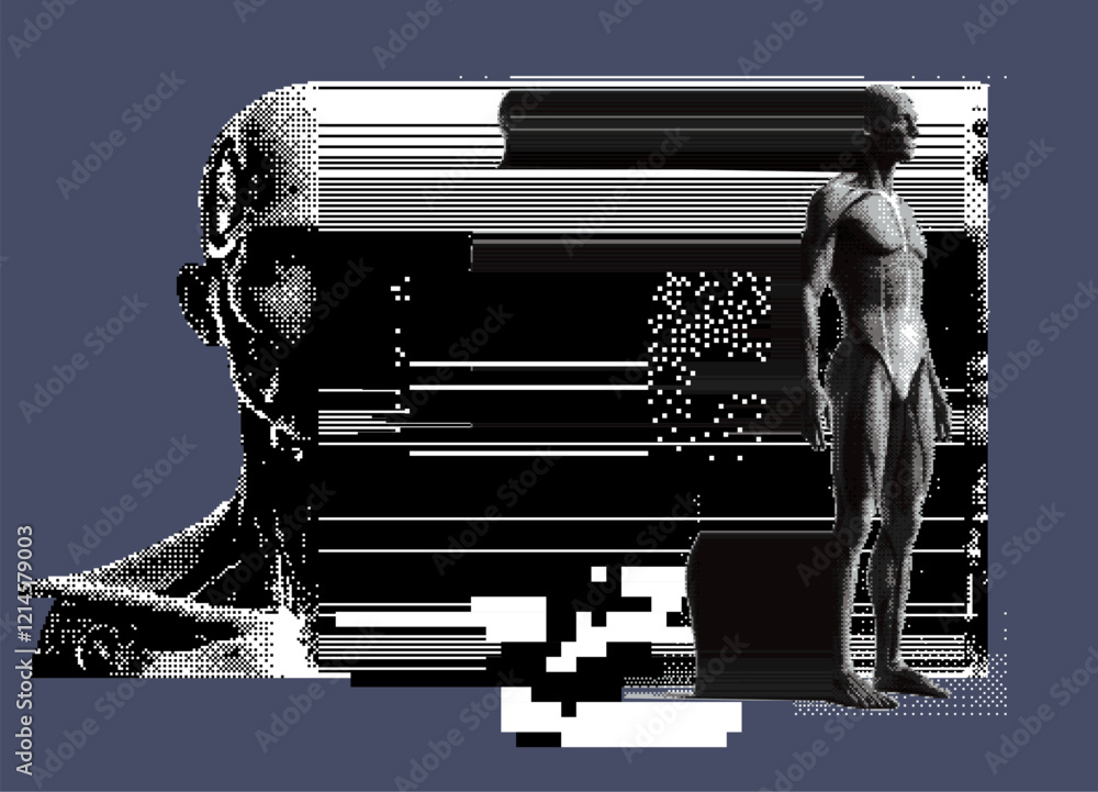 Aufkleber Glitched and decomposed image of a human face made of pixel particles and resembling a bar code. Conceptual image of an AI personage in a virtual reality.