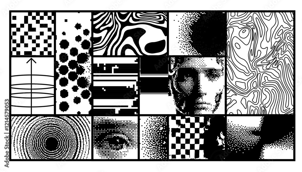 Aufkleber brutalism inspired vector graphics collage made with simple geometric shapes, grunge texture, and di