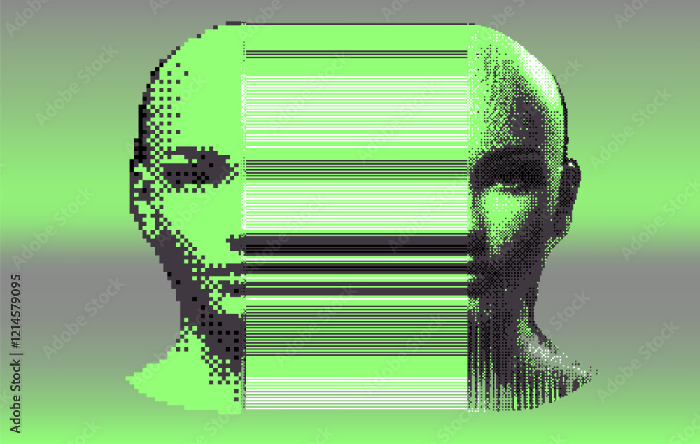 Aufkleber Glitched and decomposed image of a human face made of pixel particles and resembling a bar code. Conceptual image of an AI personage in a virtual reality.