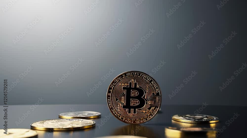 Poster golden bitcoin standing out among other lying crypto coins on a reflective surface with a gradient b