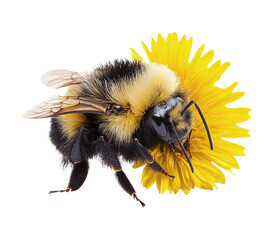 Close-up of a Bumblebee Pollinating a Bright Yellow Flower, Isolated on Transparent and White Background