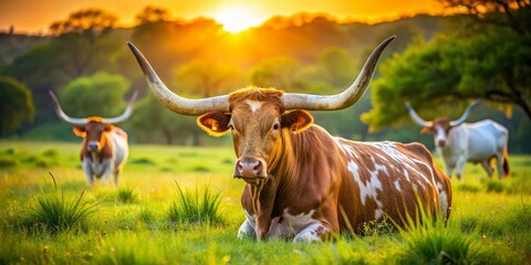 Relaxed Longhorn Cattle Grazing in a Sun-Drenched Meadow - Peaceful Farm Animals