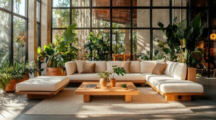 Luxurious and Airy Modern Interior Design with Cozy Sofa Wooden Furniture and Lush Greenery in Greenhouse Style Room