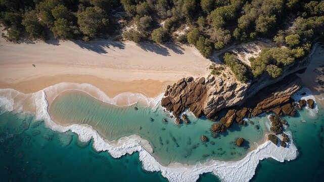 Coastal coast with trees, blue sea water, and reef cliffs. Generative AI. - Powered by Adobe