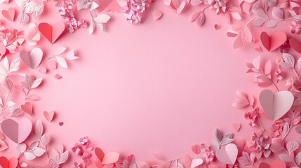 Valentine’s or anniversary theme: love letter envelope with paper craft hearts, pink background, flat lay style, empty space for custom text or design.