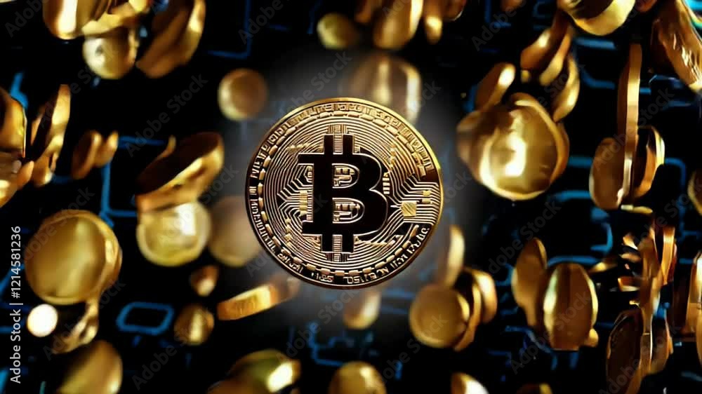 Poster Gold bitcoin rotating in the center with other coins falling on a digital circuit background, representing the concept of cryptocurrency and blockchain technology
