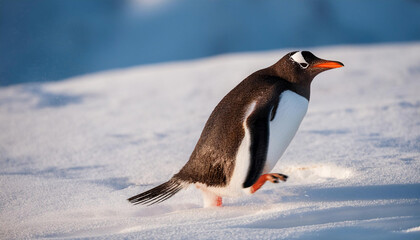 A gentoo penguin stands upright on the snowy Antarctic landscape, its distinctive orange feet and white patch contrasting against its brown feathers in this charming wildlife scene.