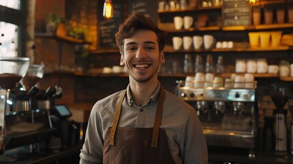 Fototapeta premium Cheerful barista wearing apron standing in coffee shop and looking at camera. Small business owner.