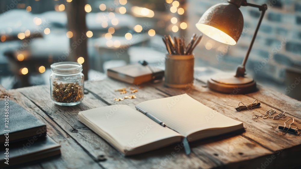 Poster cozy workspace with notebook and lamp on wooden desk for focused productivity and