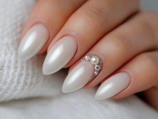 Nail polish design, manicure and trends: Set of nails decorated with tiny pearls and gemstones, elegant and luxurious manicure design, wedding trend inspiration.