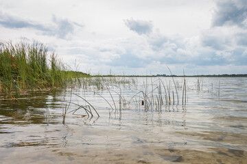 Lake in windy and cloudy weather.